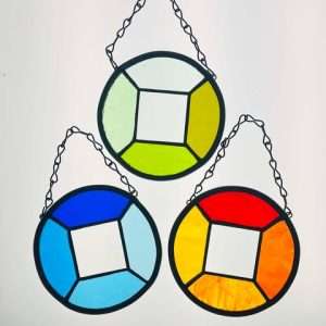Green, Blue and orange stained glass round suncatchers with square bevel on a black chain