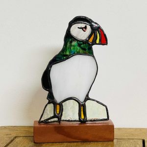 Stained glass Puffin on a wooden base ornament