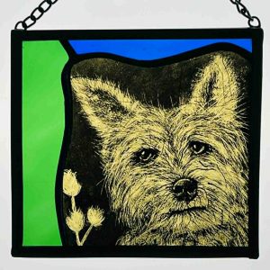 Hand painted stained glass terrier dog suncatcher art panel