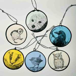 Hand painted stained glass tokens badger wren owl dog puffin raven