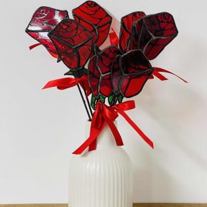 Hand painted stained glass red rose stems