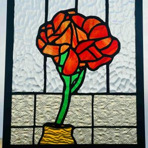 Stained glass red carnation flower art panel